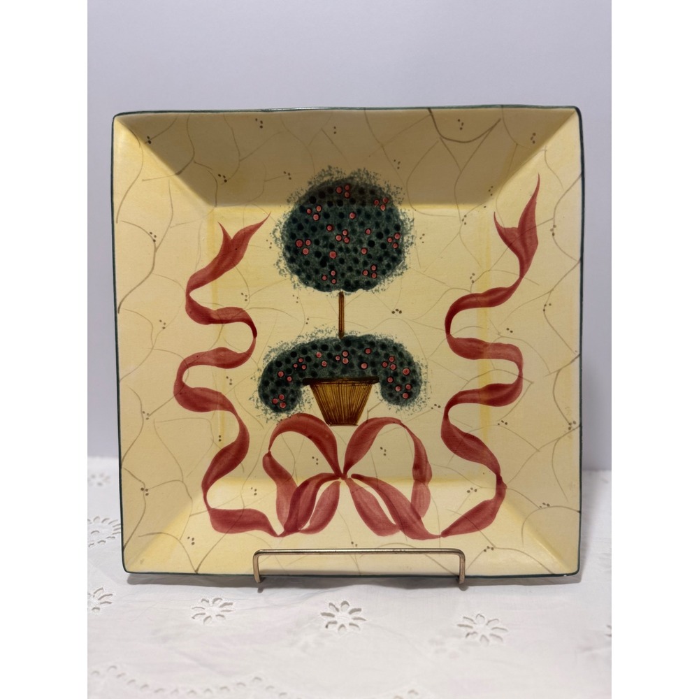 Laurie Gates 2009 Hand Painted Square Topiary Plate Red Ribbon 10.5in Ceramic